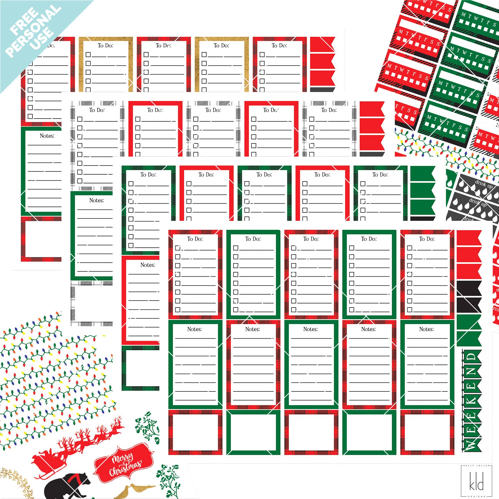 Monthly Freebie - December Planner Stickers with four different buffalo plaid patterns, trackers, doodle sheet and more - Free for Personal Use
