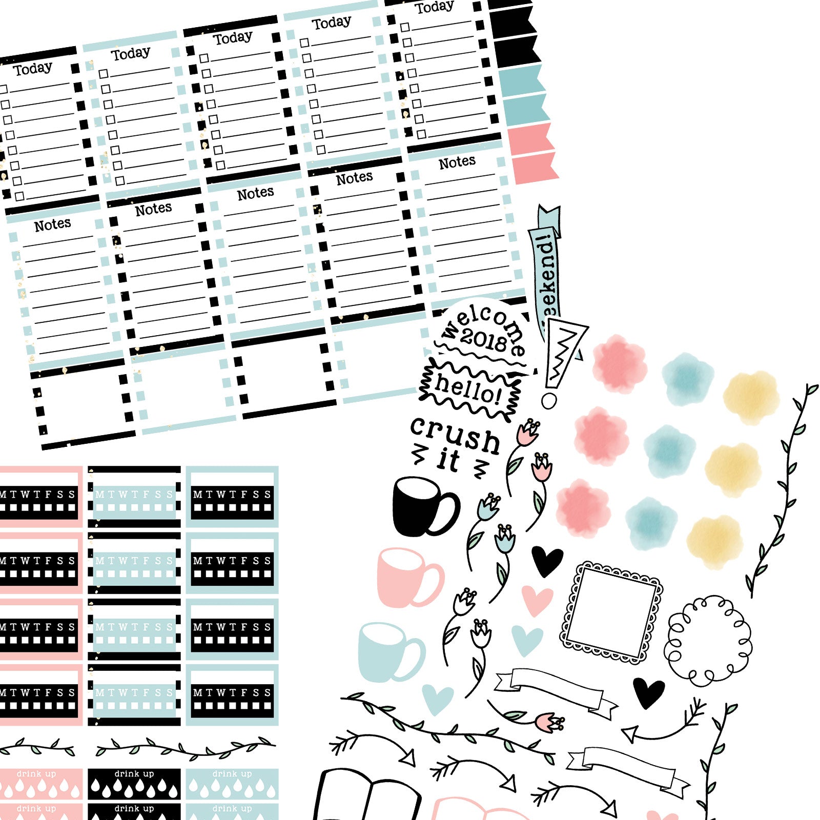 Monthly Freebie - January Planner Stickers with pink and blue striped theme, tracks, doodle page and more - Free for Personal Use