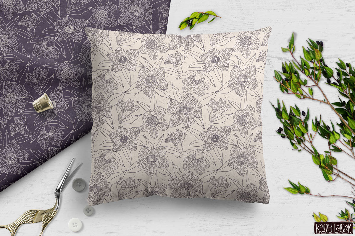 Black Henbane floral pattern in plum and cream on fabric and a throw pillow by Kelly Lollar