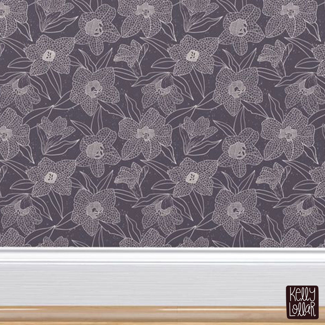 Black Henbane Pattern in plum on wallpaper by Kelly Lollar