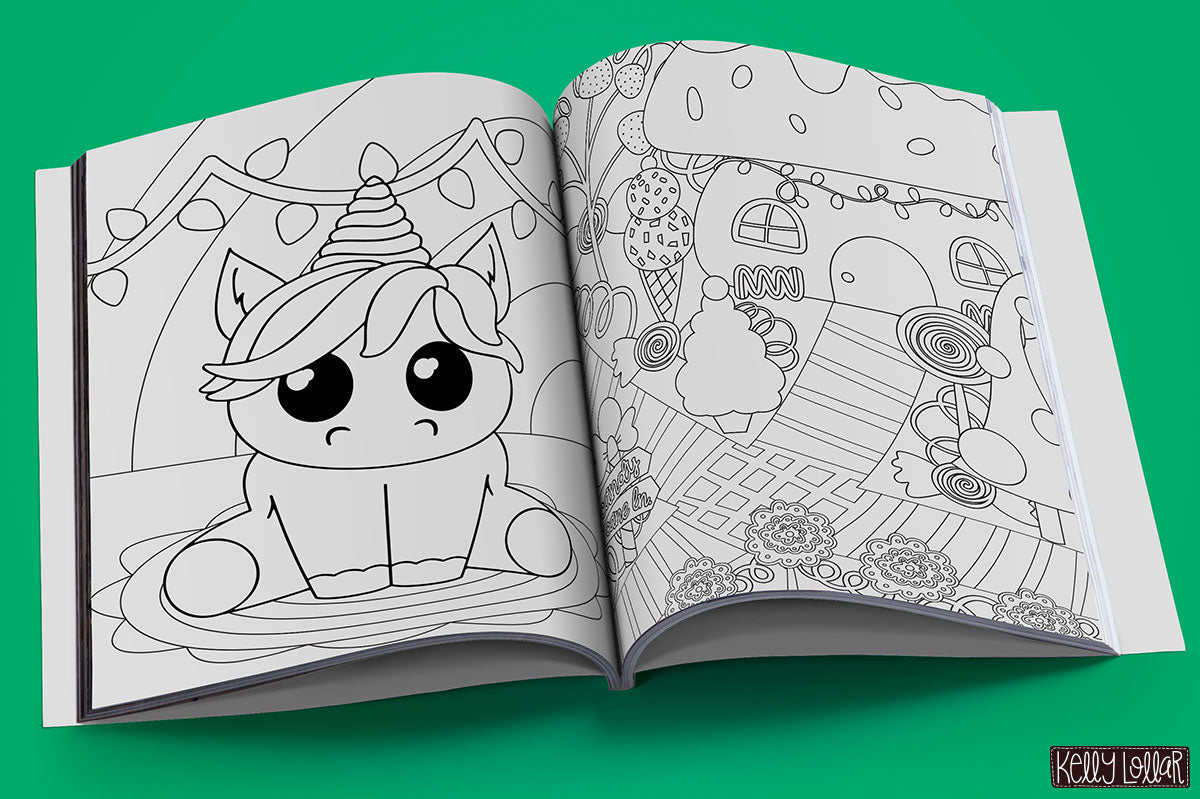 Christmas Coloring Book 2 page spread with unicorn and candy lane images by Kelly Lollar