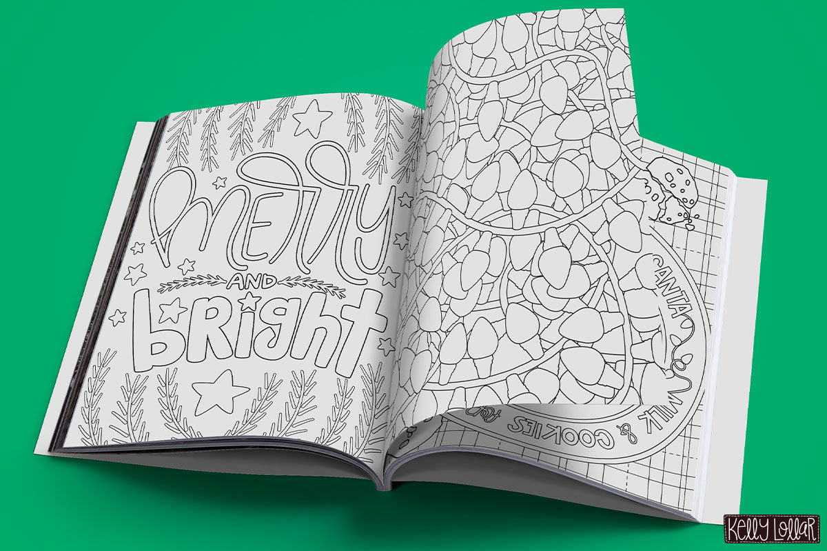 Christmas Coloring Book spread with Merry & Bright quote, lights and cookie plate pages by Kelly Lollar
