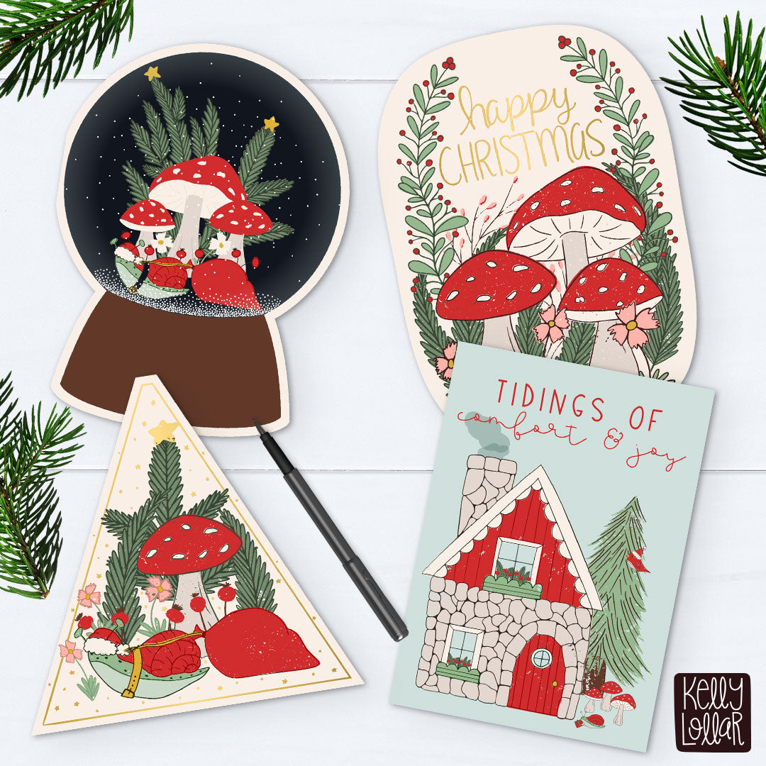 Cottage Christmas greeting cards featuring snails and mushrooms by Kelly Lollar