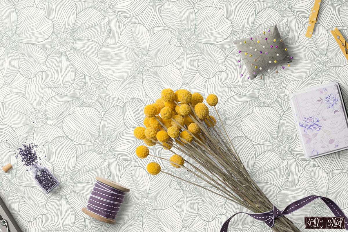 Line art Dogwood Flower pattern on wallpaper by Kelly Lollar