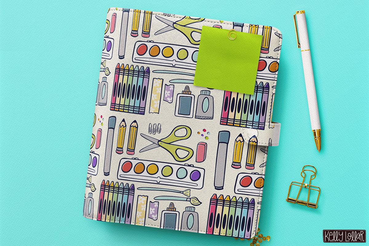 Doodle School Supplies Grid Pattern by Kelly Lollar