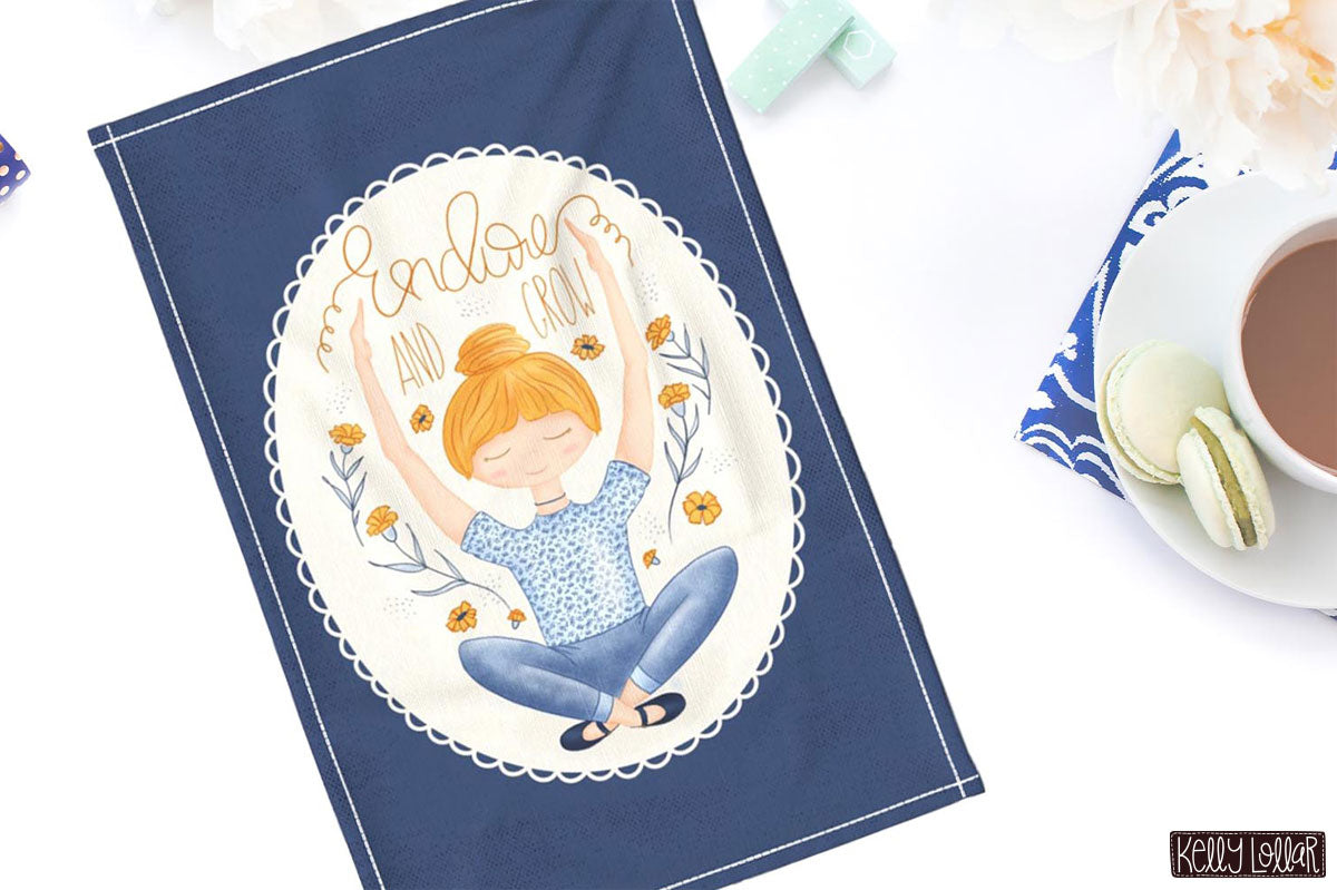Endure and Grow tea towel illustration with woman in a yoga pose by Kelly Lollar