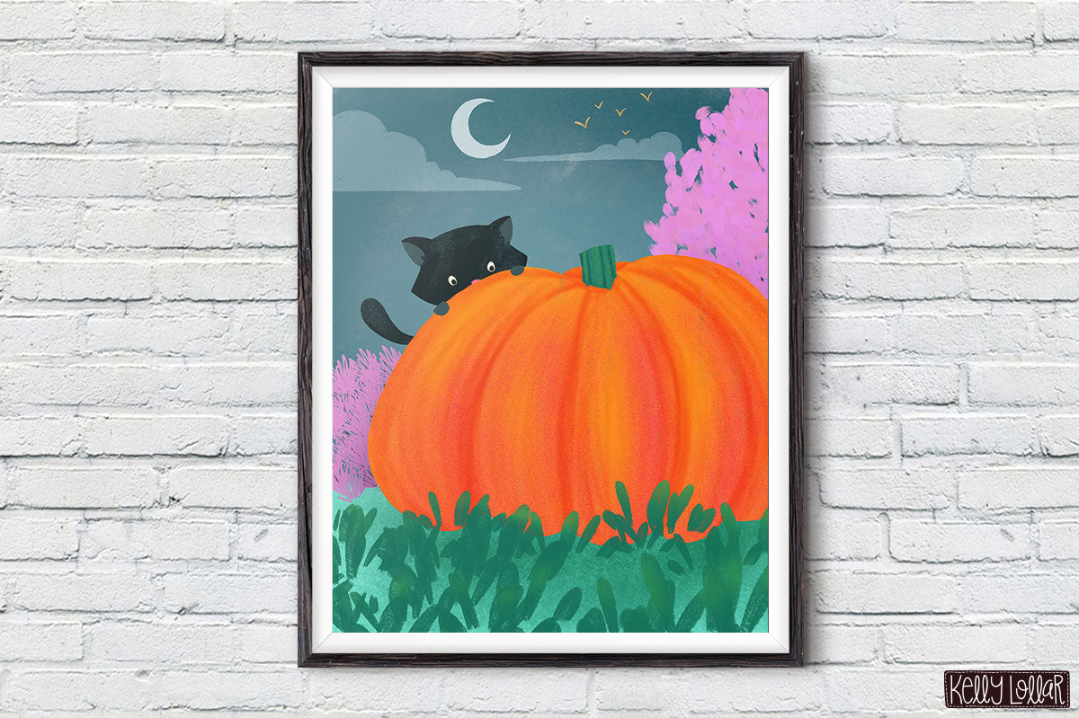 Halloween Black Cat with Pumpkin illustration framed by Kelly Lollar