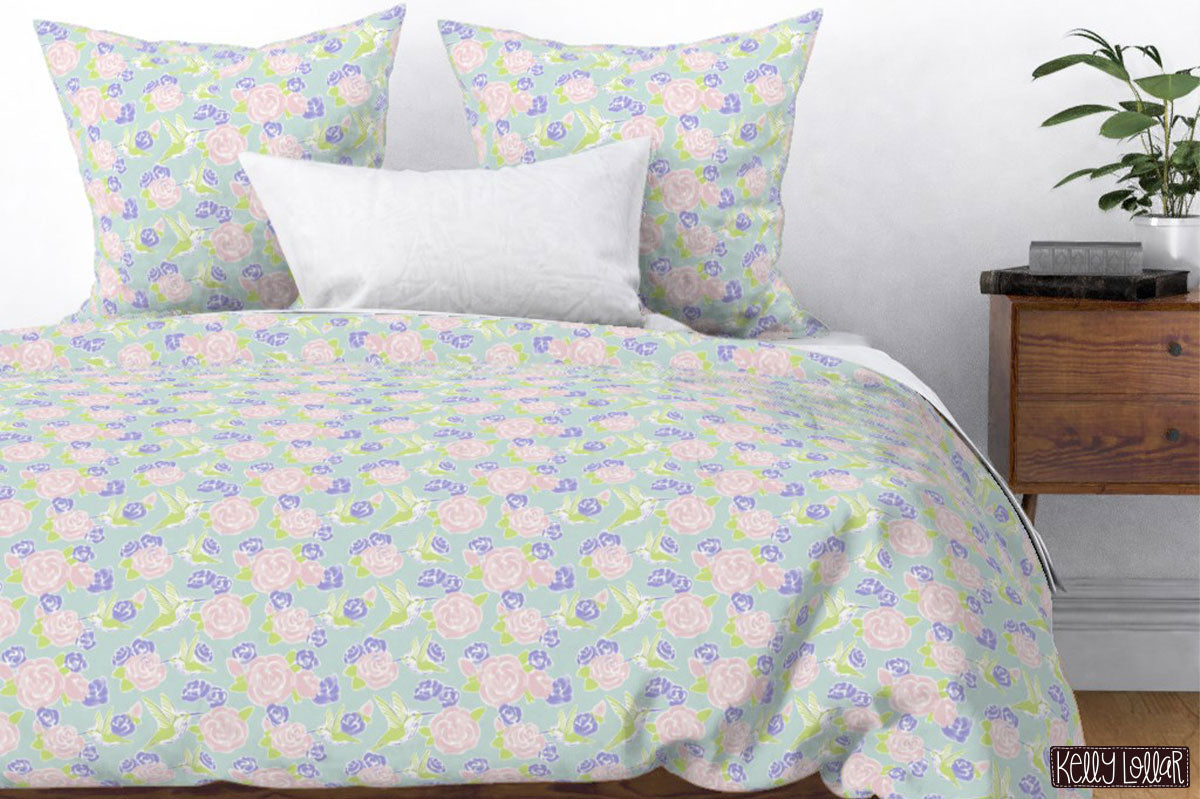 Painterly Hummingbird and Flowers pattern in Spoonflower petal colors by Kelly Lollar