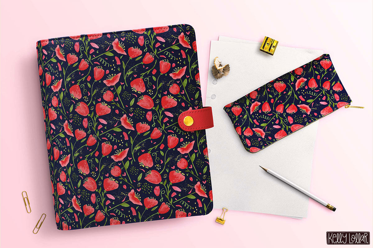 Pink Watercolor Flower Toss pattern on a planner and pencil pouch by Kelly Lollar