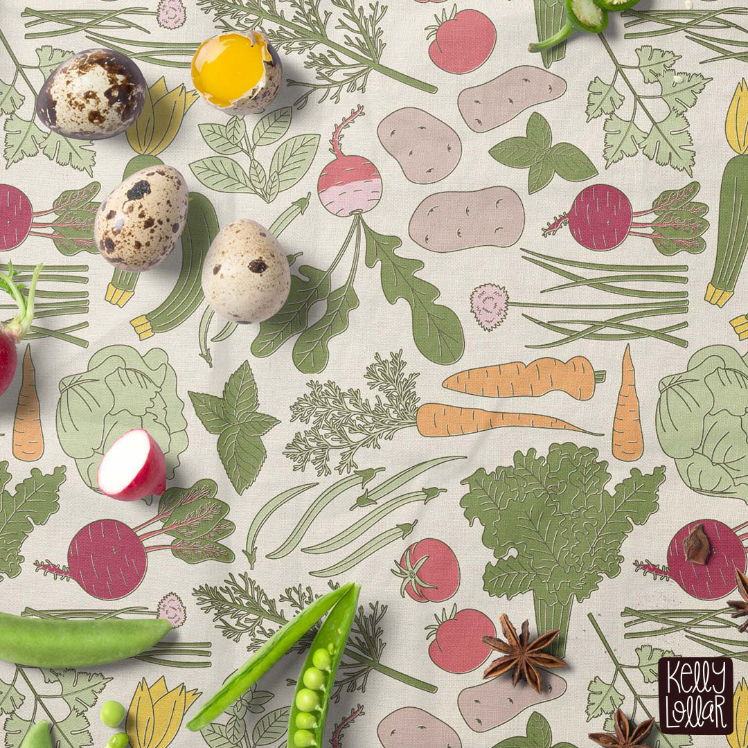 Veggie Garden Haul Pattern on a tablecloth by Kelly Lollar