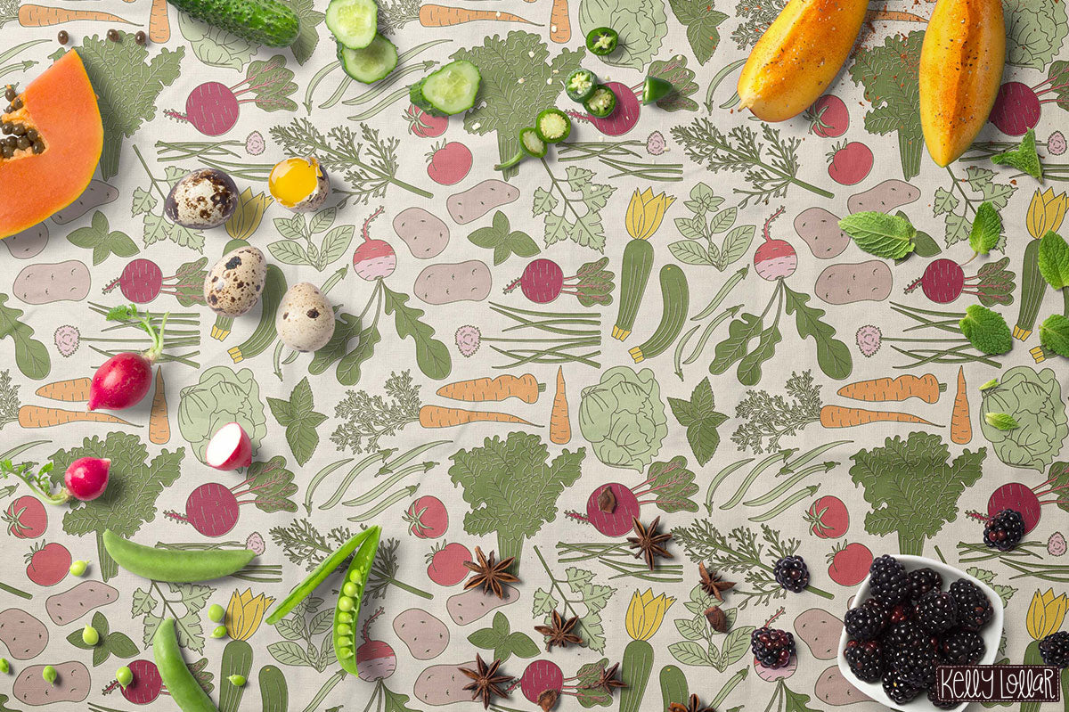 Veggie Garden Haul mid-century style pattern on a tablecloth by Kelly Lollar