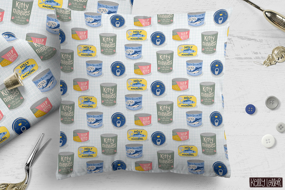 Vintage Cat Food Contains pattern on a throw pillow by Kelly Lollar