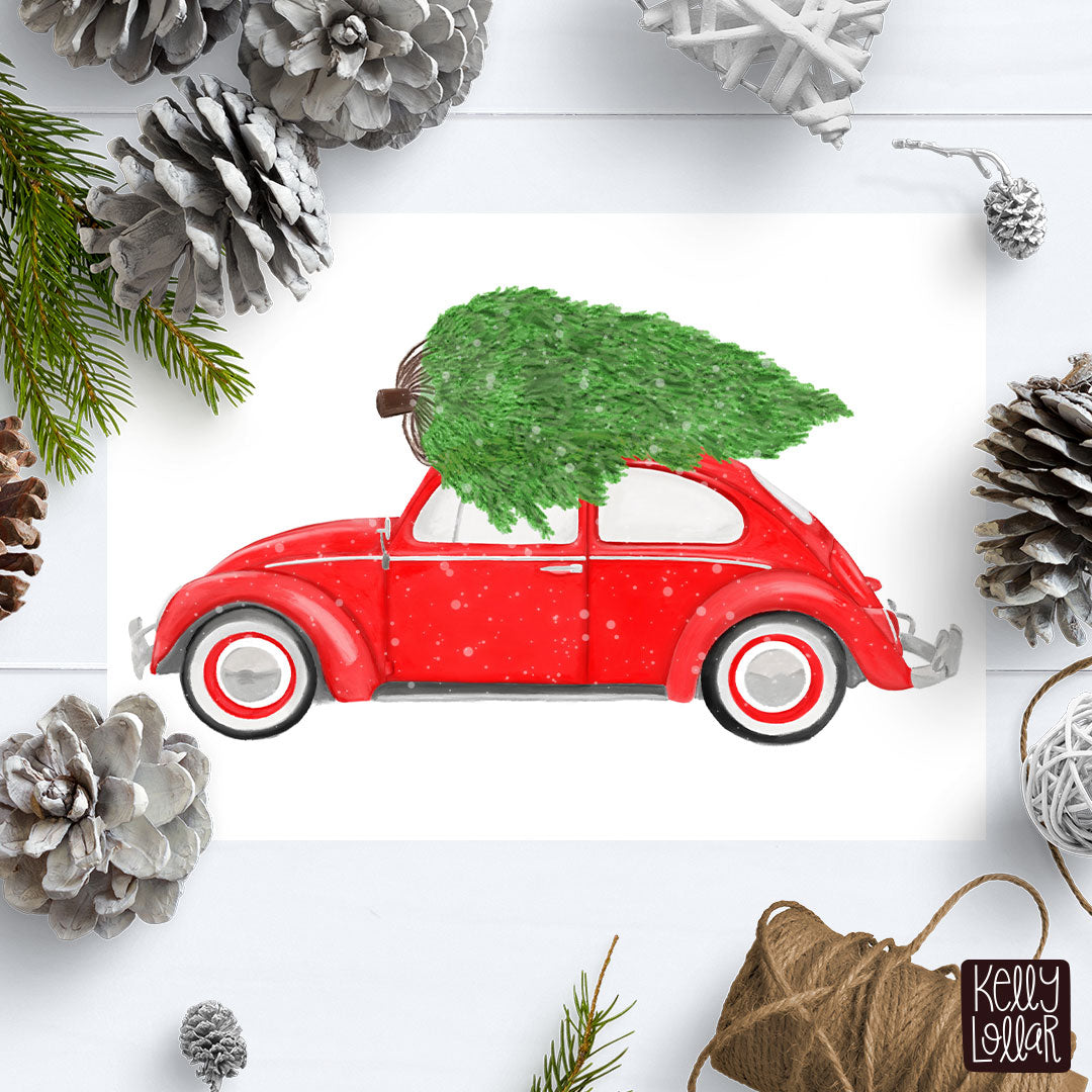 Watercolor VW Bug hauling a Christmas Tree Illustration by Kelly Lollar