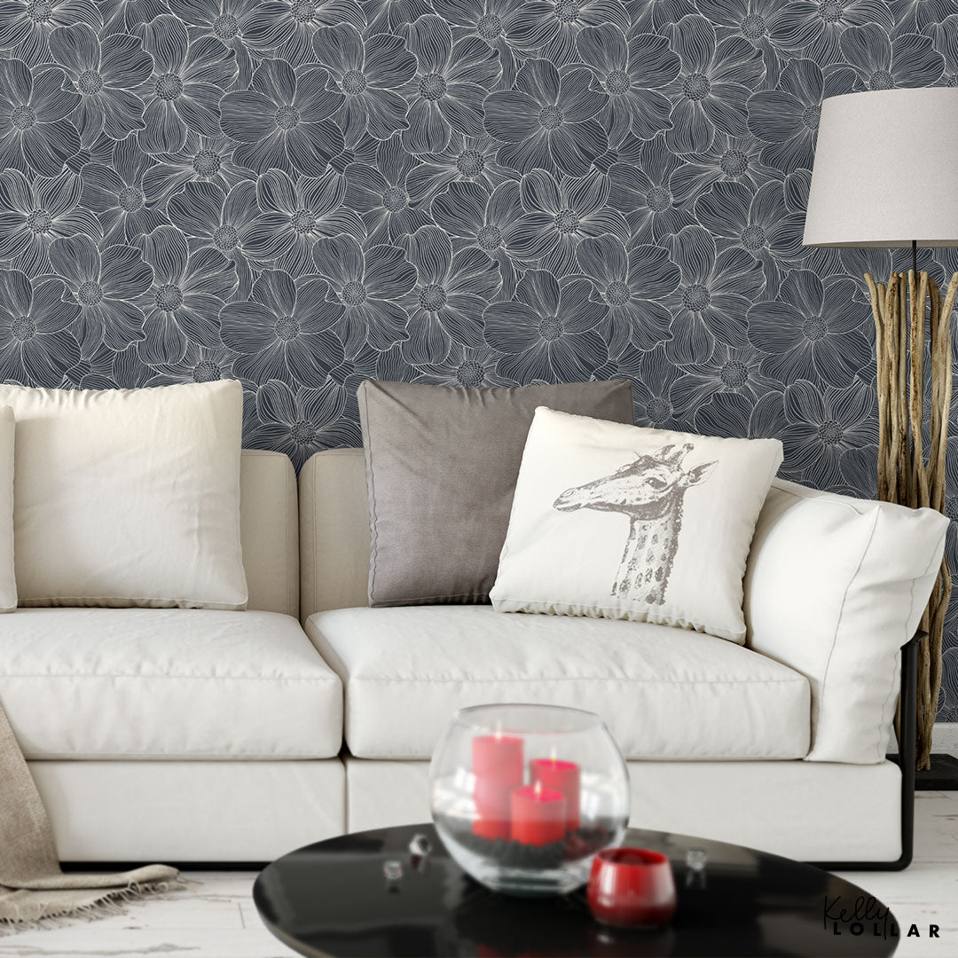Dogwood Flowers Pattern in charcoal on wallpaper by Kelly Lollar