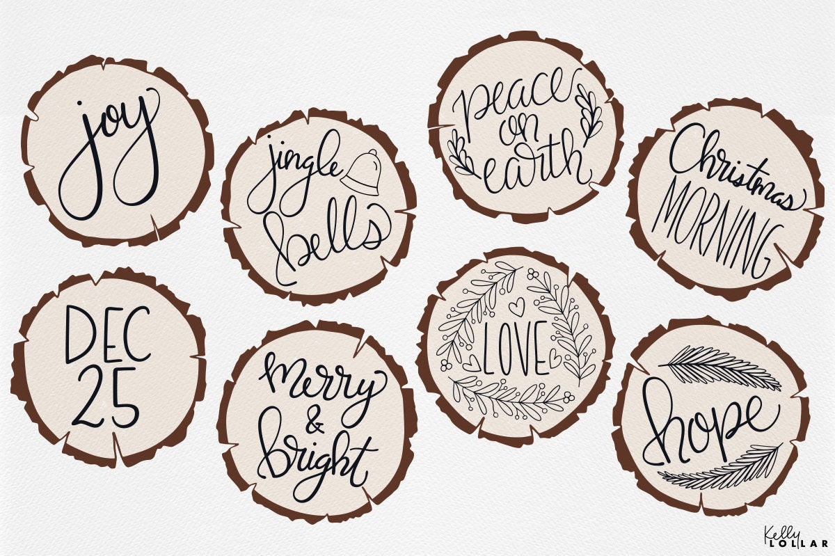 Hand Lettered Wood Slice Motifs from the Cottage Christmas Collection by Kelly Lollar 