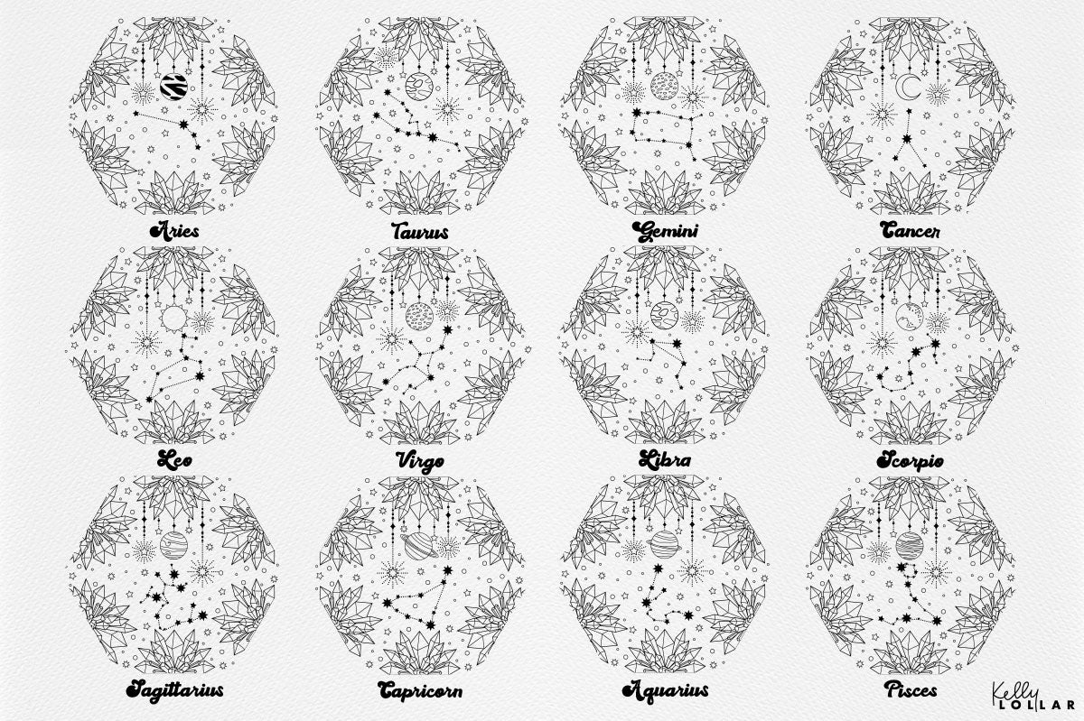 Interstellar Zodiac pattern motifs for each sign of the zodiac by Kelly Lollar