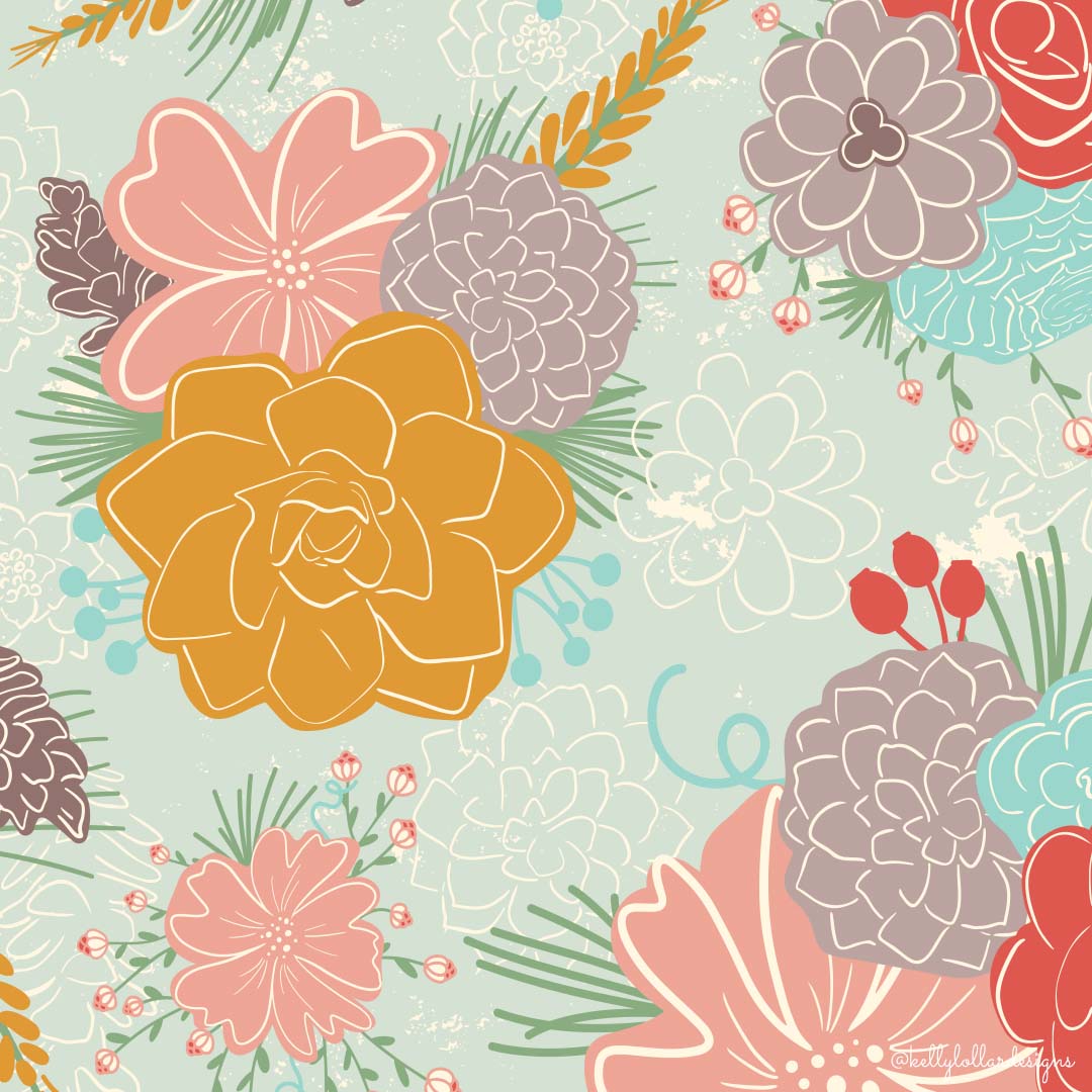 Pine Forest Friends Pine Flowers Surface Pattern by Kelly Lollar 