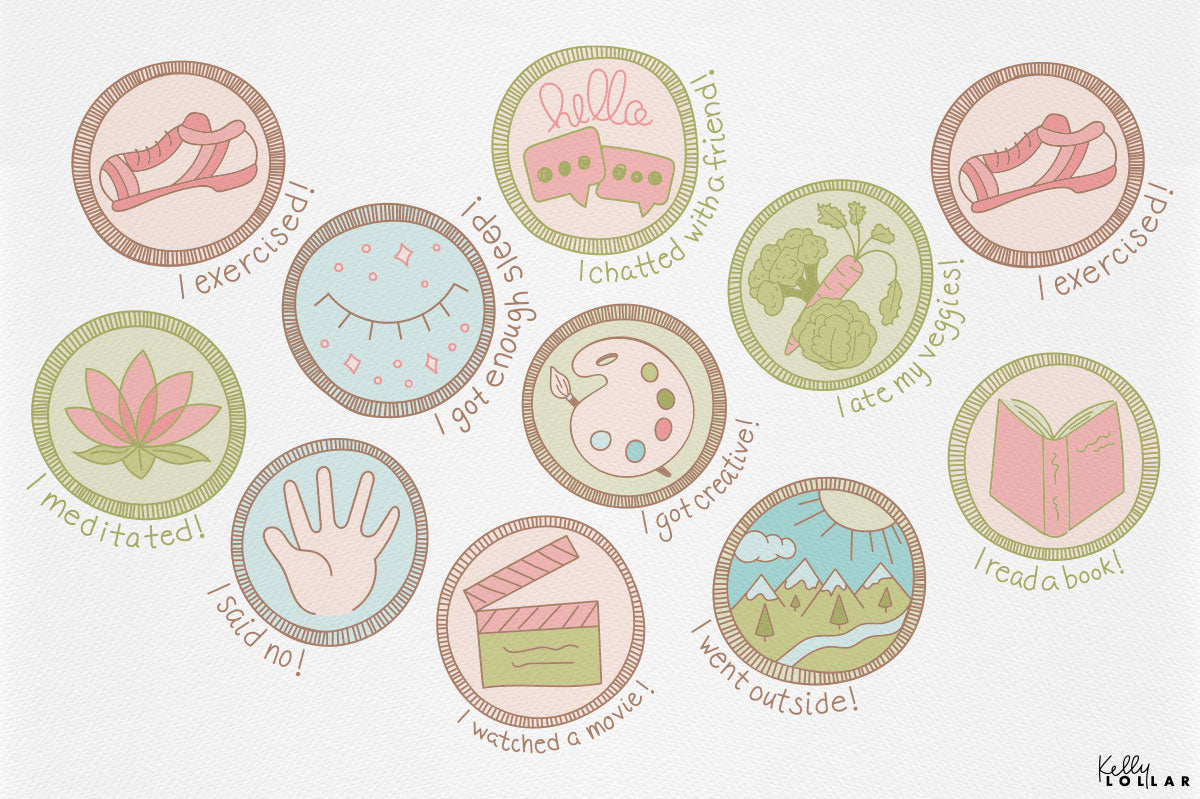 Self care badge motifs celebrating supporting mental health by Kelly Lollar