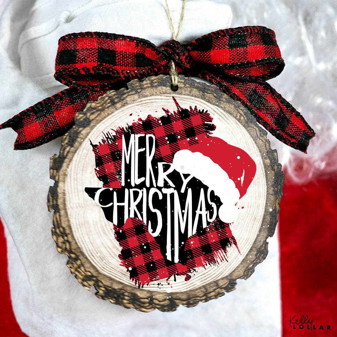 Snowy Merry Christmas Texas State on a wood slice ornament by Kelly Lollar