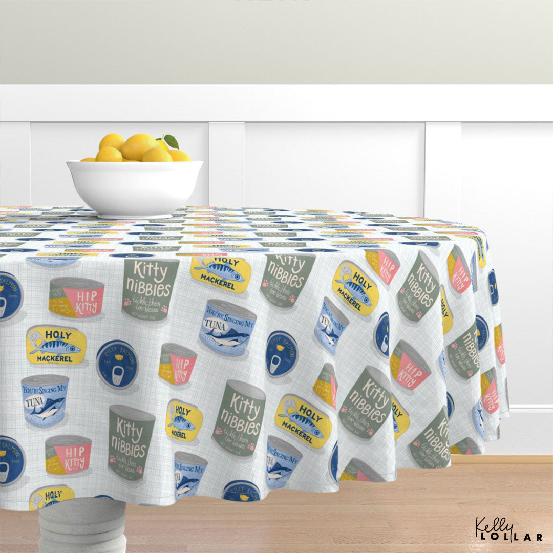 Sample Tablecloth Using the Vintage Cat Food Tins Surface Pattern by Kelly Lollar 