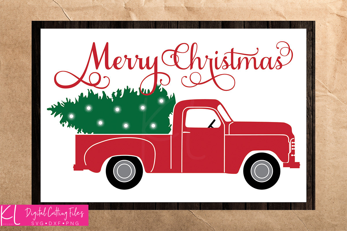 Framed sample of the Side View Vintage Red Christmas Truck with added Merry Christmas and Christmas Lights - Included in the Side - Solid svg pack
