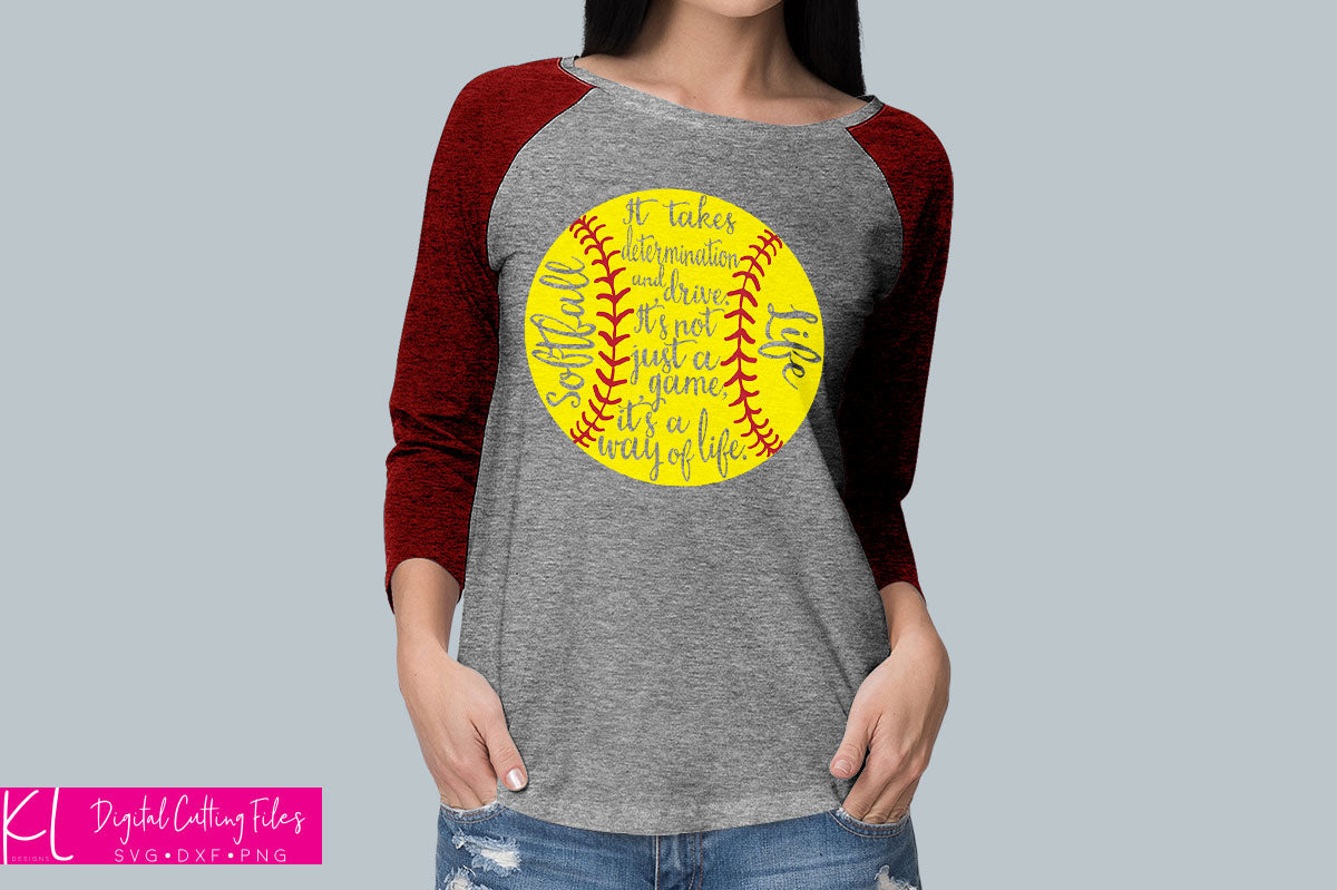 Softball Mom raglan shirt made with the knockout version of the Softball Life svg file