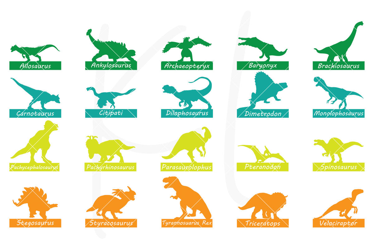 20 Dinosaur Silhouette svg files with Name Plates