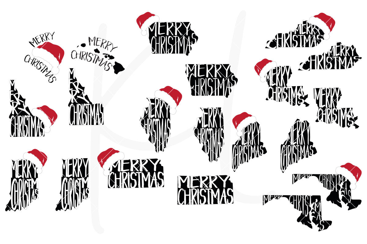 All 50 States with Merry Christmas and Optional Santa Hat for Shirts, Home Decor or Print for Unique Christmas Cards | SVG DXF PNG Cut Files
