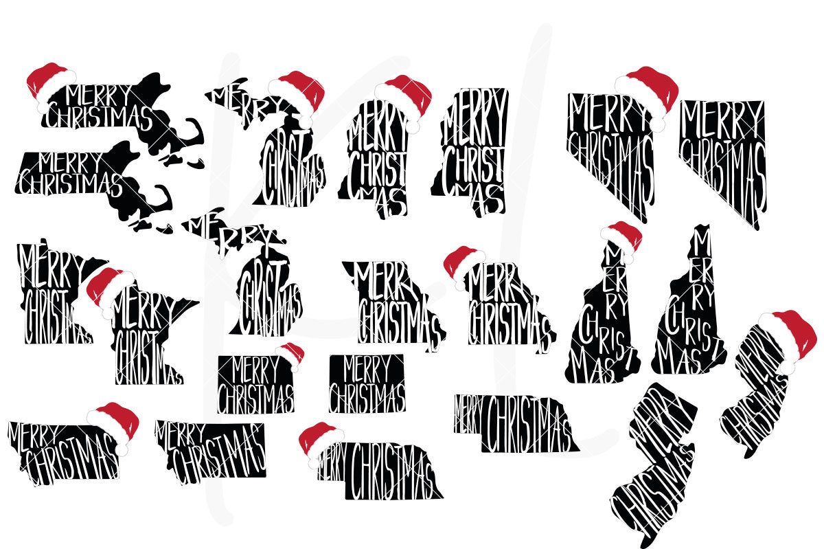 All 50 States with Merry Christmas and Optional Santa Hat for Shirts, Home Decor or Print for Unique Christmas Cards | SVG DXF PNG Cut Files