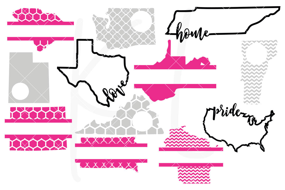 50 State Bundle with 4 Pattern Options Including 4 Circle Monograms, 4 Split Monograms, 3 Outlines with Home, Love, Pride, Bonus Words and Heart for Each State - Great for Decals, Shirts and Home Decor | SVG DXF PNG Cut Files