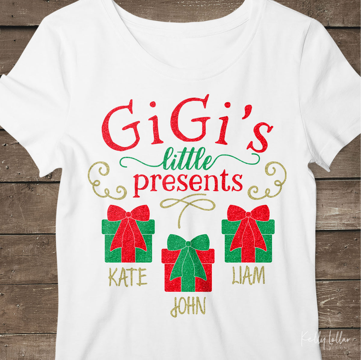 GiGi&#39;s Little Presents| Christmas Shirt Design for GiGi with Gift Boxes for Children&#39;s Names | SVG DXF PNG Cut Files