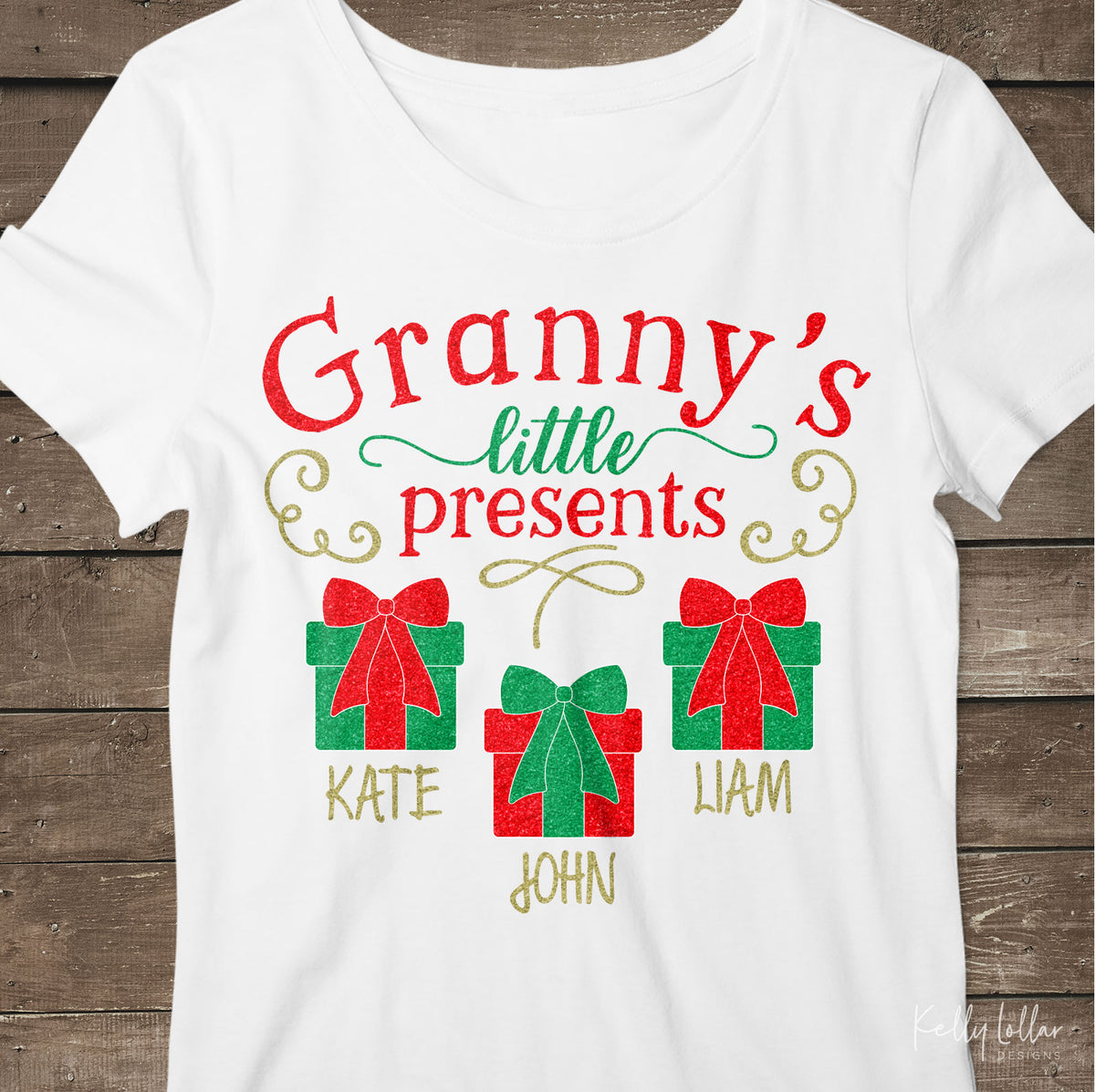 Granny&#39;s Little Presents| Christmas Shirt Design for Granny with Gift Boxes for Children&#39;s Names | SVG DXF PNG Cut Files