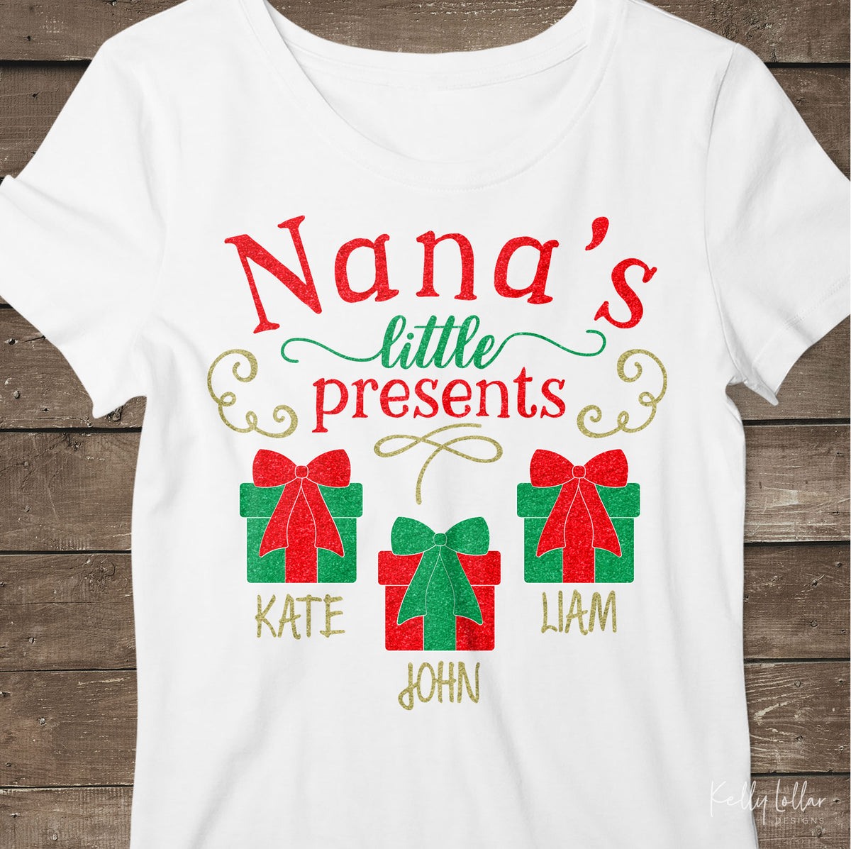 Nana&#39;s Little Presents| Christmas Shirt Design for Nana with Gift Boxes for Children&#39;s Names | SVG DXF PNG Cut Files
